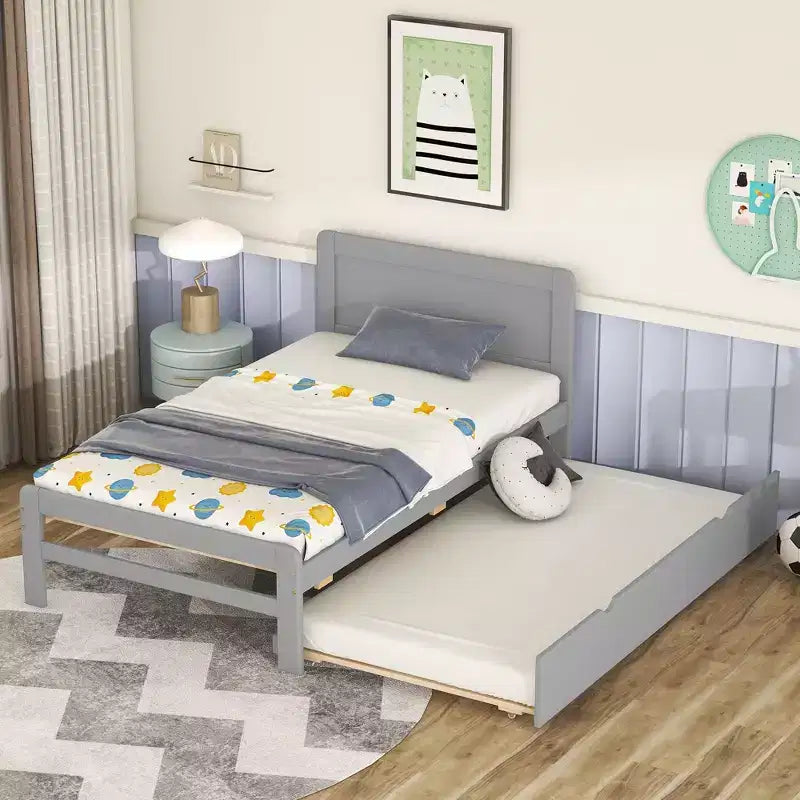 Lit plateforme double avec lit gigogne – Gris / Noyer / Blanc délavé, 2 couchages