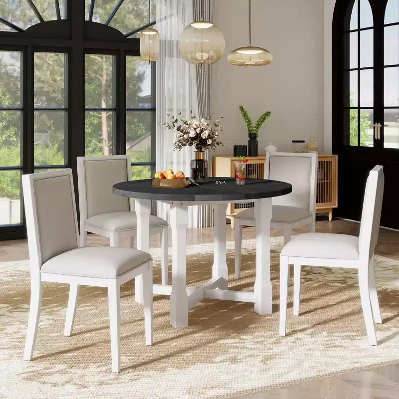 Ensemble table de salle à manger de ferme extensible – Marron / Gris+Blanc, 4 places