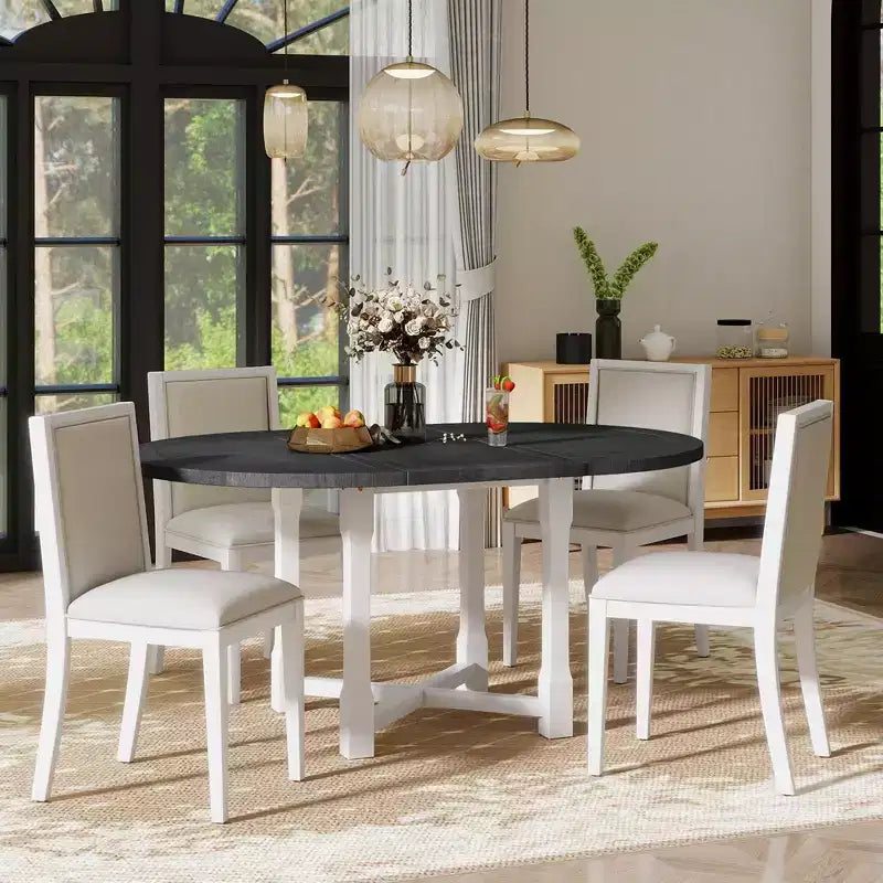Ensemble table de salle à manger de ferme extensible – Marron / Gris+Blanc, 4 places