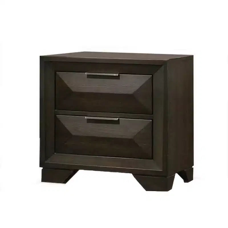 Table de chevet à 2 tiroirs – Bois marron foncé, poignées nickelées