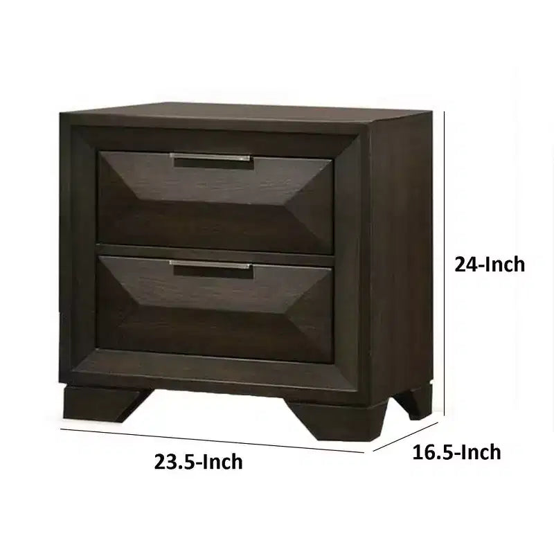 Table de chevet à 2 tiroirs – Bois marron foncé, poignées nickelées