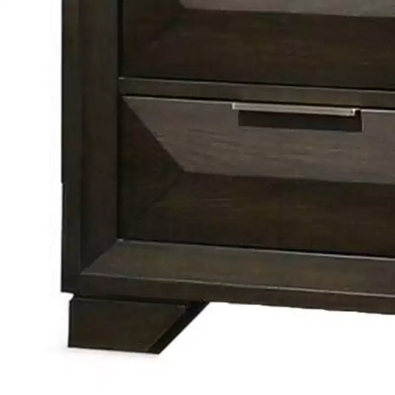 Table de chevet à 2 tiroirs – Bois marron foncé, poignées nickelées
