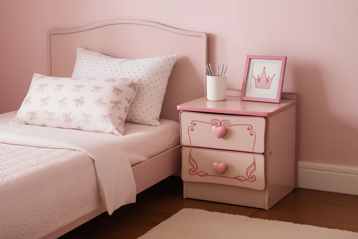 Royal Hampton 2 Drawer Wooden Nightstand with Heart Knob Pulls, Pink