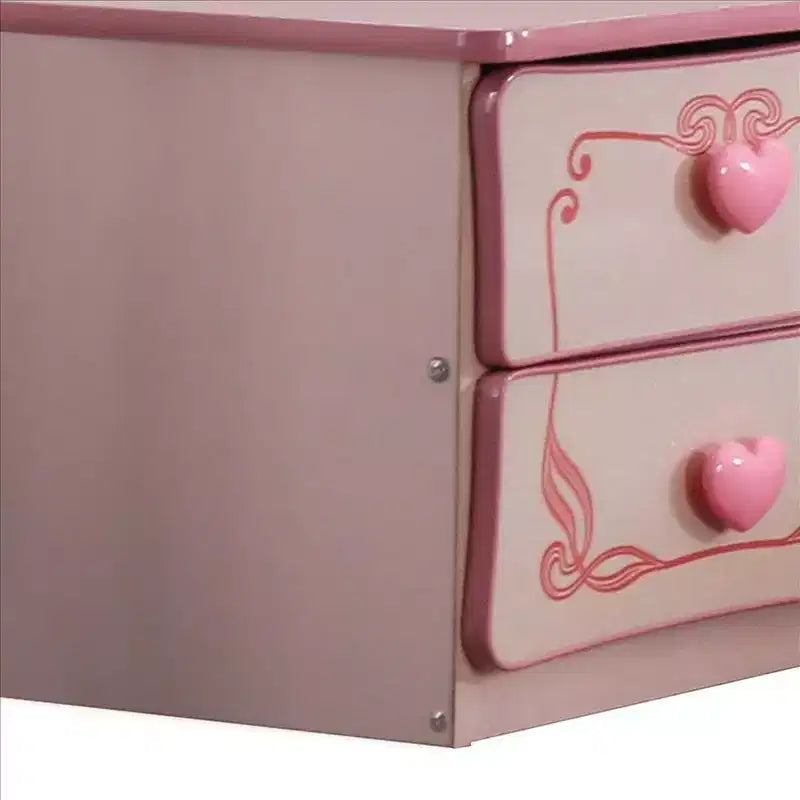 Table de chevet à 2 tiroirs – Rose, poignées cœur