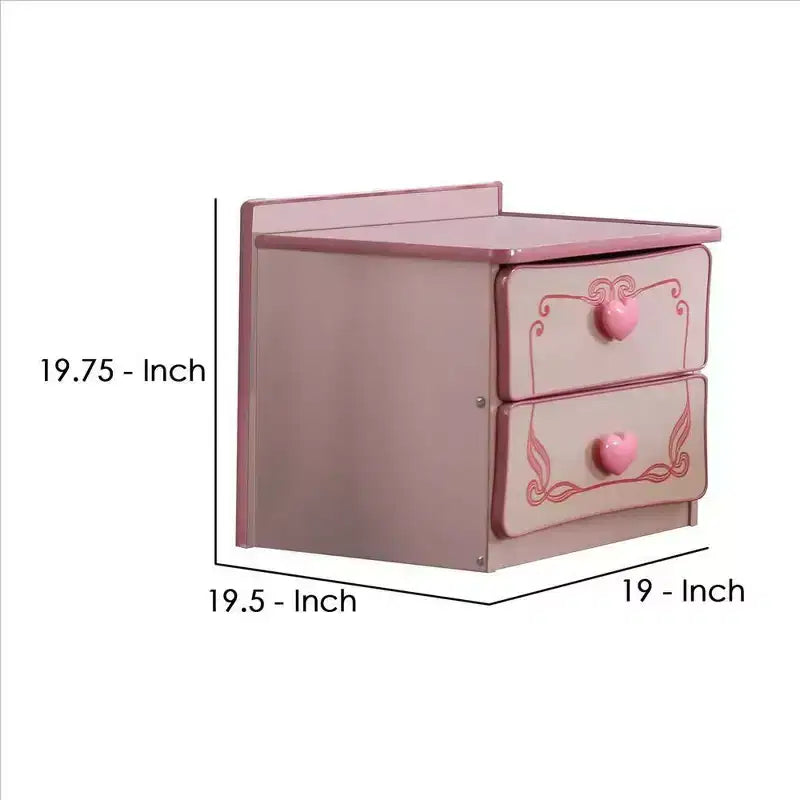 Table de chevet à 2 tiroirs – Rose, poignées cœur