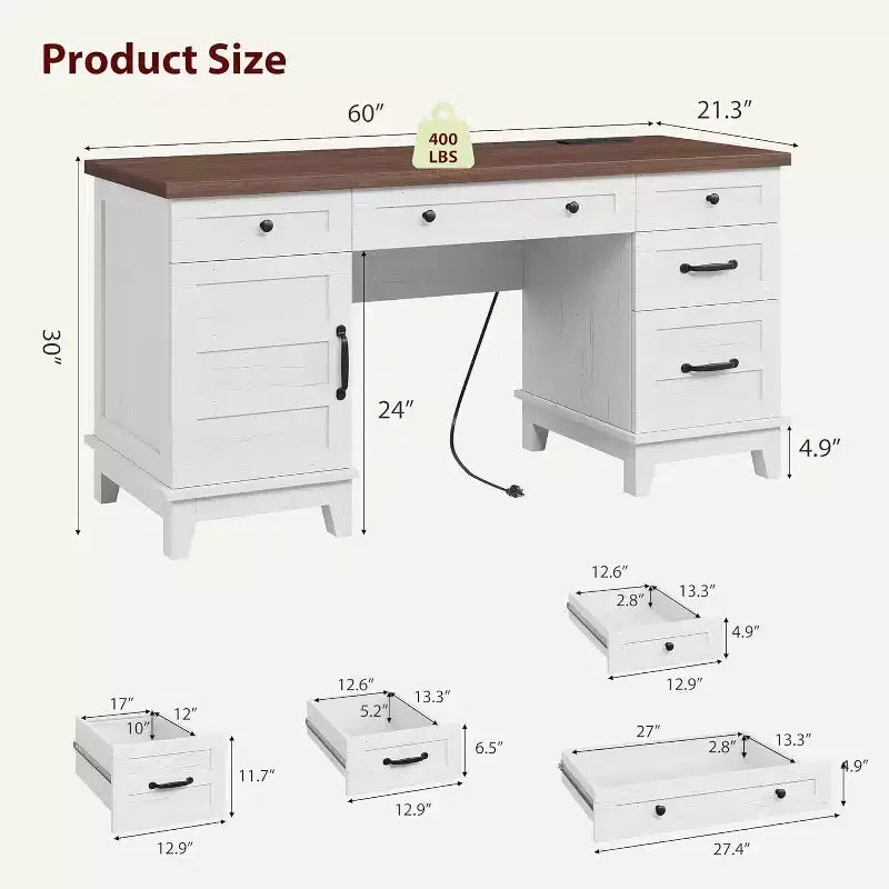 Bureau de direction de ferme avec station de recharge – Noyer brun / blanc, 1 personne