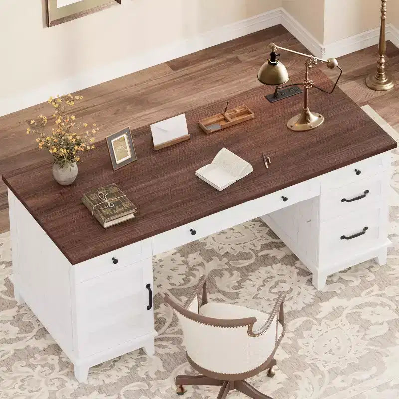 Bureau de direction de ferme avec station de recharge – Noyer brun / blanc, 1 personne