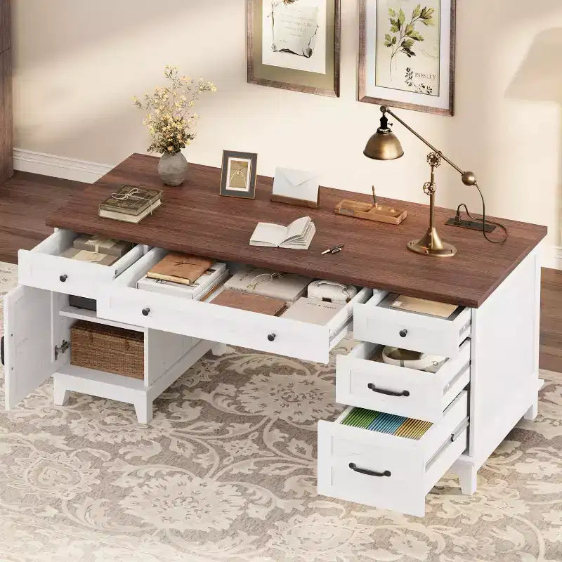 Bureau de direction de ferme avec station de recharge – Noyer brun / blanc, 1 personne