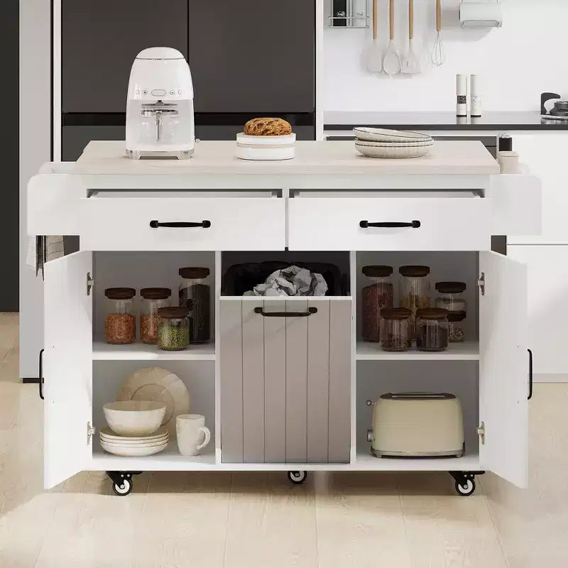 Desserte îlot de cuisine avec poubelle – Blanc, abattant
