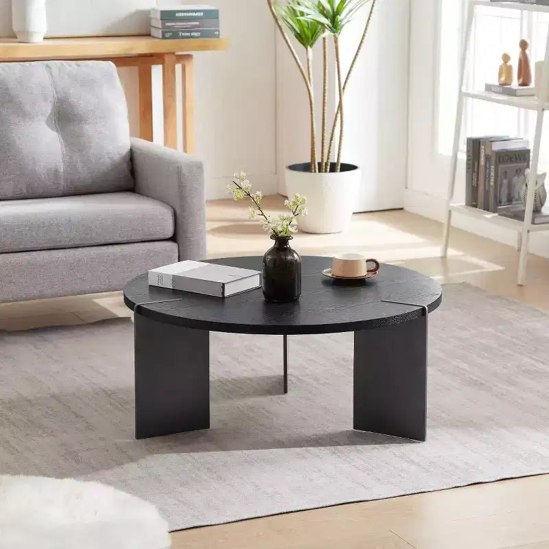 Round Coffee Table with Walnut Wood Top and Black Metal Base,Modern Centerpiece for Living Room - Panipeachy