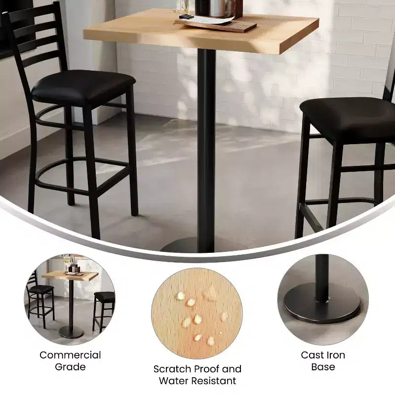 Table de salle à manger haute – Plateau marron foncé ou naturel / Base noire, 4 places