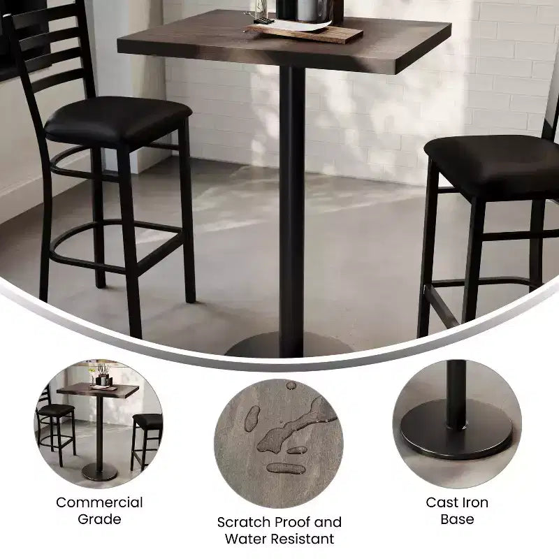 Table de salle à manger haute – Plateau marron foncé ou naturel / Base noire, 4 places