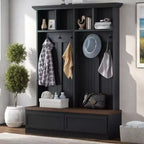Meuble d'entrée/vestiaire de style « Farmhouse » avec banc, noir et noyer, 1 personne