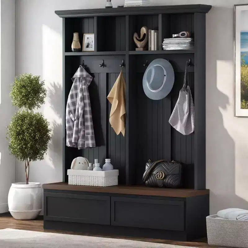 Meuble d'entrée/vestiaire de style « Farmhouse » avec banc, noir et noyer, 1 personne