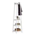 Okak Freestanding Coat Rack with Wooden Frame, Hall Tree with 3-Tier Storage Shelves and Silver Finish, Coat Tree for Bedroom, Living Room, White