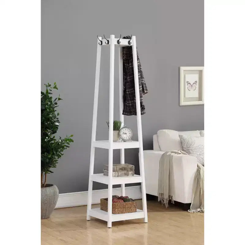 Arbre d'entrée en bois blanc avec 8 patères et 3 étagères