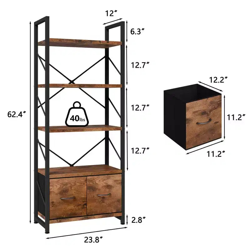 Étagère à 5 niveaux brun rustique avec 2 tiroirs, bois et métal, assemblage par 1 personne