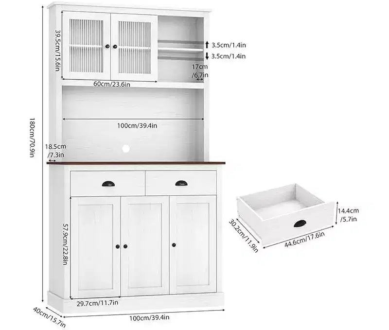 Meuble de cuisine autoportant gris et blanc, 180 cm, 5 portes, 2 tiroirs