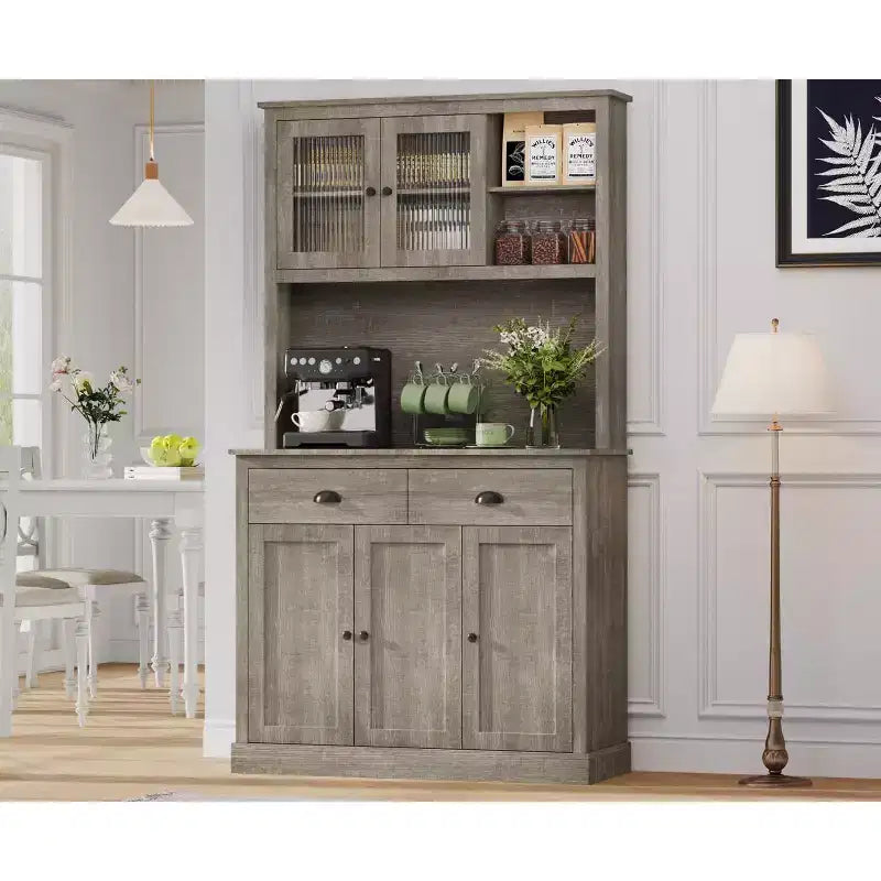 Meuble de cuisine autoportant gris et blanc, 180 cm, 5 portes, 2 tiroirs
