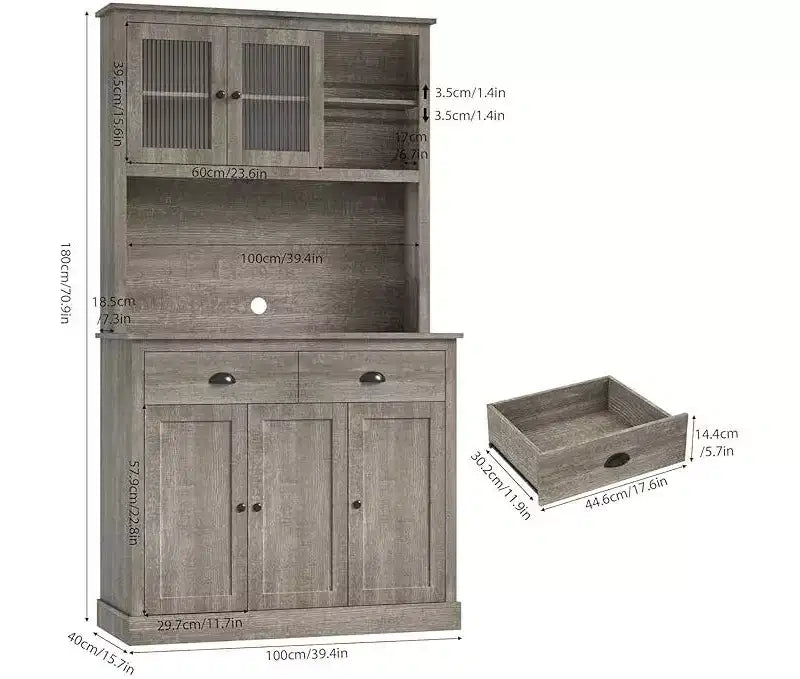 Meuble de cuisine autoportant gris et blanc, 180 cm, 5 portes, 2 tiroirs