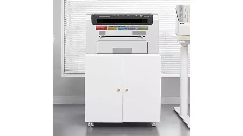 Meuble de rangement à roulettes en métal noir/blanc pour imprimante, avec armoire à 2 portes
