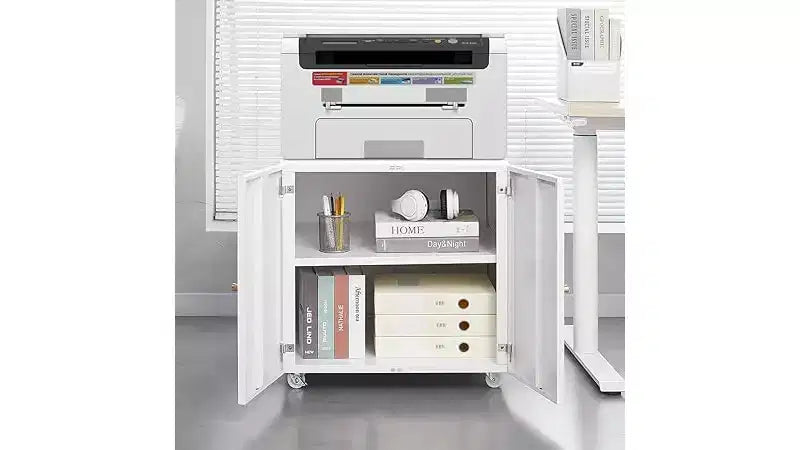 Meuble de rangement à roulettes en métal noir/blanc pour imprimante, avec armoire à 2 portes