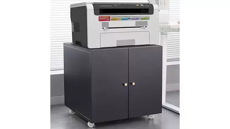 Meuble de rangement à roulettes en métal noir/blanc pour imprimante, avec armoire à 2 portes