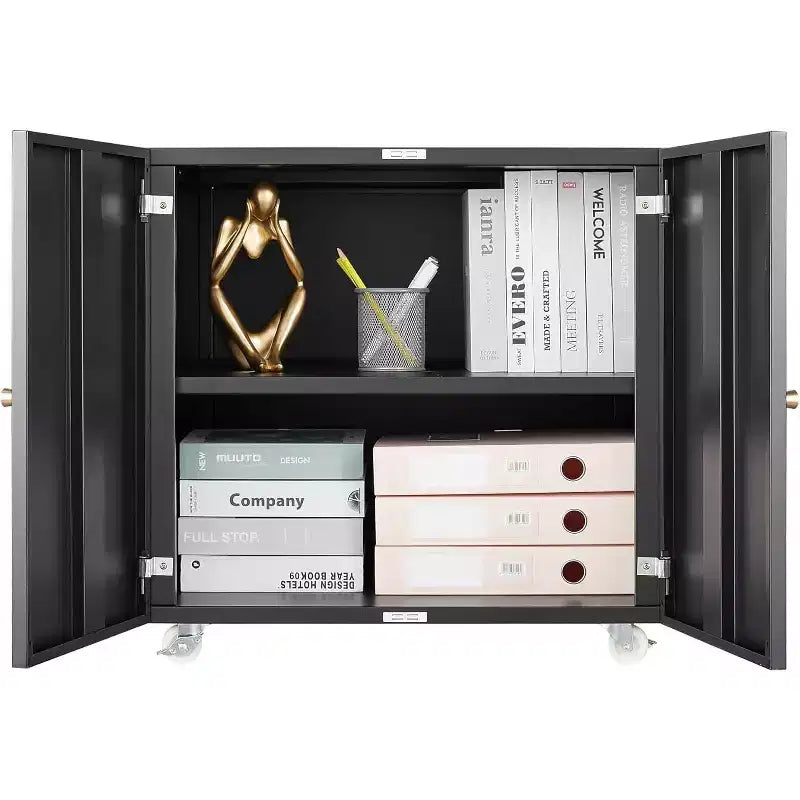 Meuble de rangement à roulettes en métal noir/blanc pour imprimante, avec armoire à 2 portes