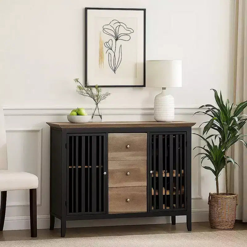 Buffet bas chêne antique et noir, 3 tiroirs 2 portes, 119 cm, 1 pièce