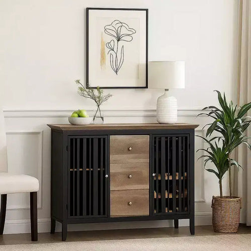 Buffet bas chêne antique et noir, 3 tiroirs 2 portes, 119 cm, 1 pièce