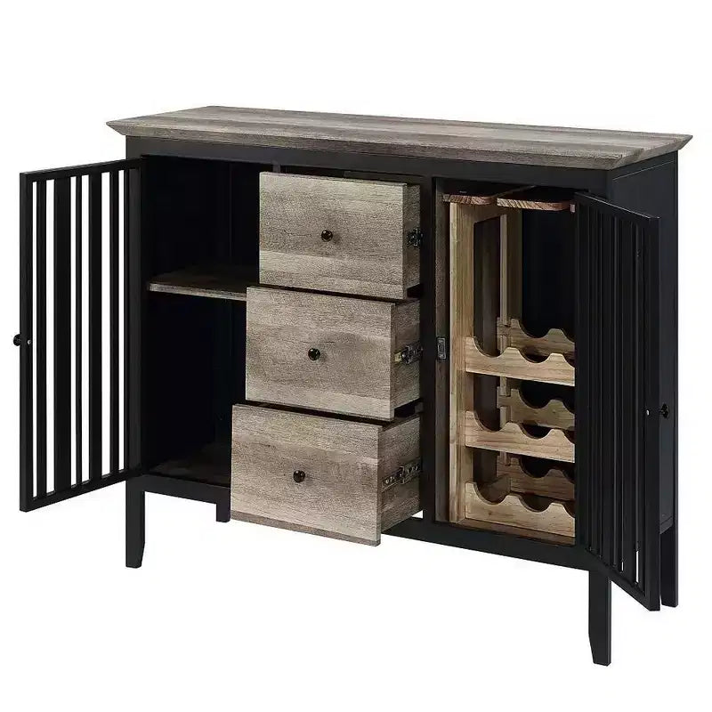 Buffet bas chêne antique et noir, 3 tiroirs 2 portes, 119 cm, 1 pièce
