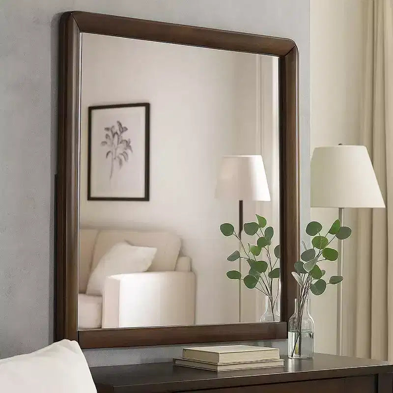 Royal Hampton Dresser Mirror, 32 Inch Rectangular Frame, Round Edges, Brown Wood