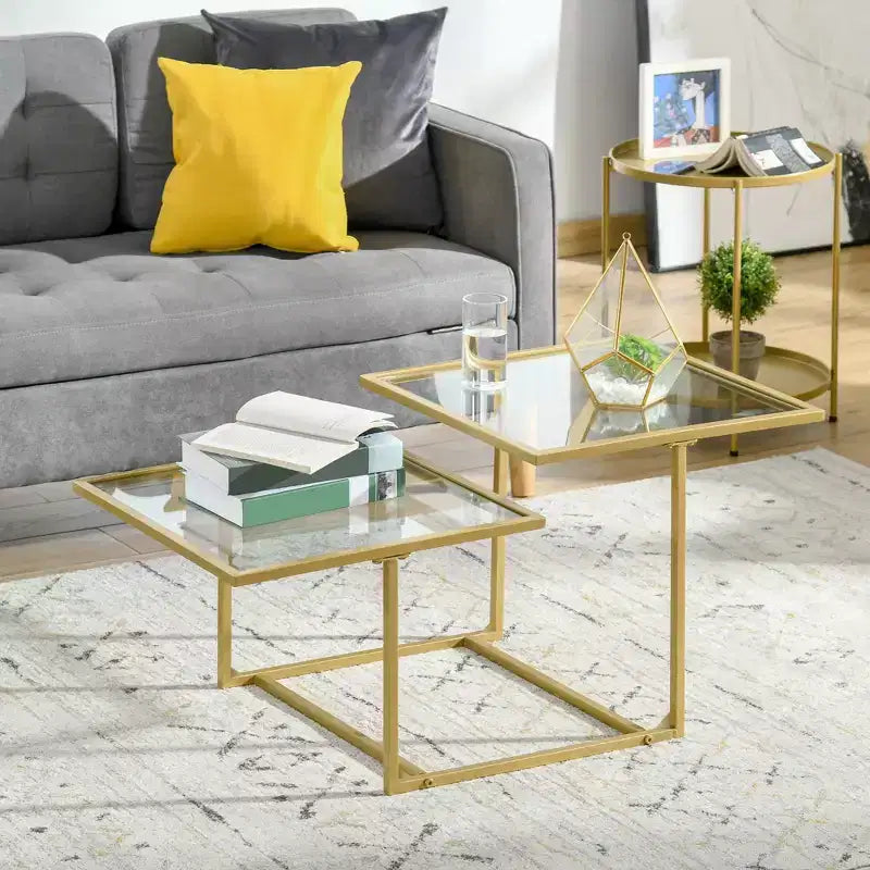 Table basse à double niveau en verre trempé doré et transparent (1 pièce)