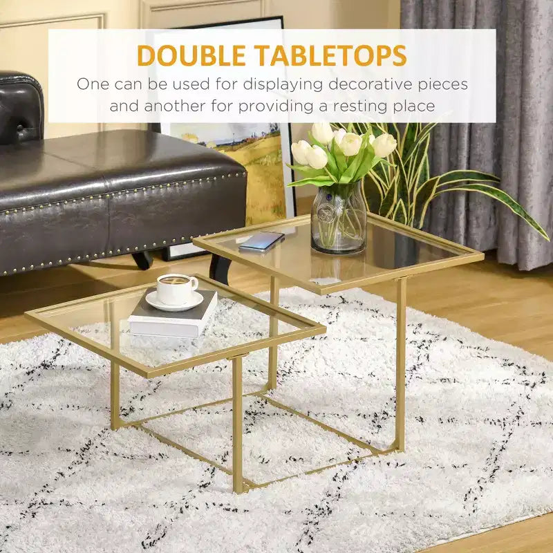 Table basse à double niveau en verre trempé doré et transparent (1 pièce)