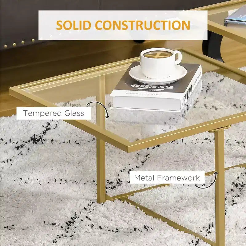 Table basse à double niveau en verre trempé doré et transparent (1 pièce)