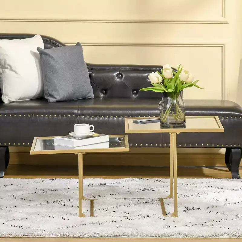 Table basse à double niveau en verre trempé doré et transparent (1 pièce)