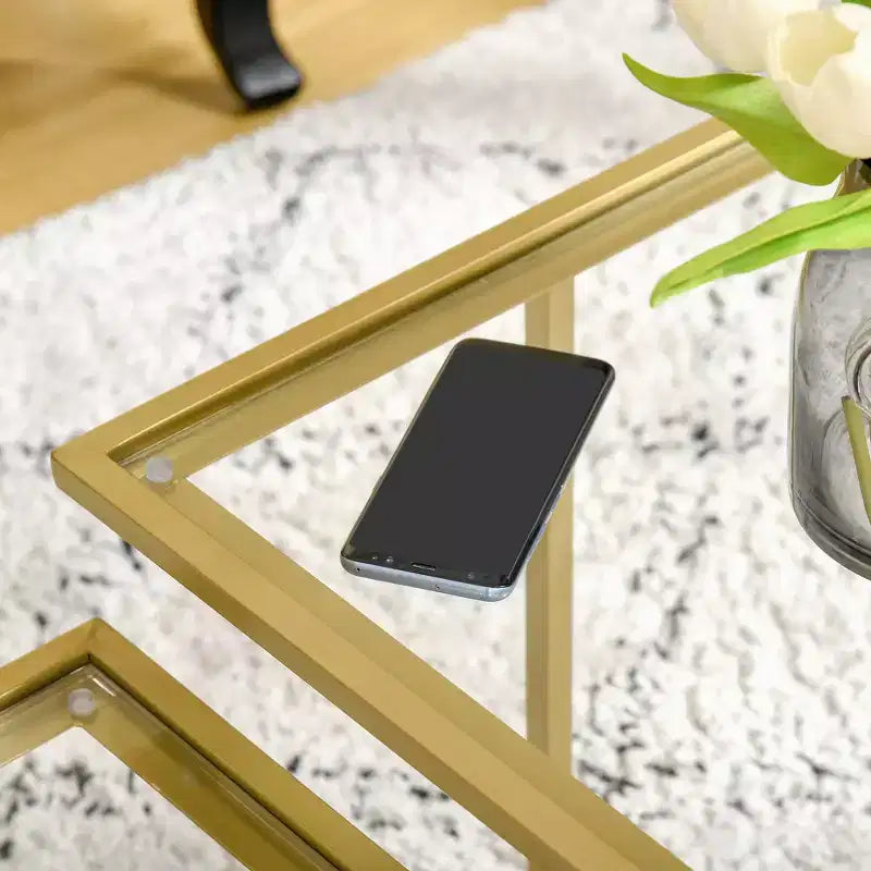 Table basse à double niveau en verre trempé doré et transparent (1 pièce)