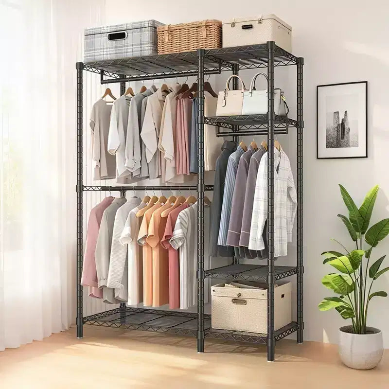 Portant à vêtements en métal robuste – Noir, 6 étagères 3 tringles