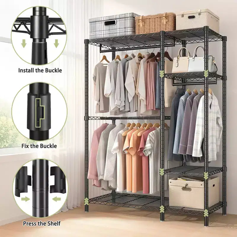 Portant à vêtements en métal robuste – Noir, 6 étagères 3 tringles