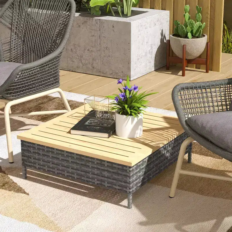 Table d'appoint d'extérieur en rotin PE – Gris / Bois naturel
