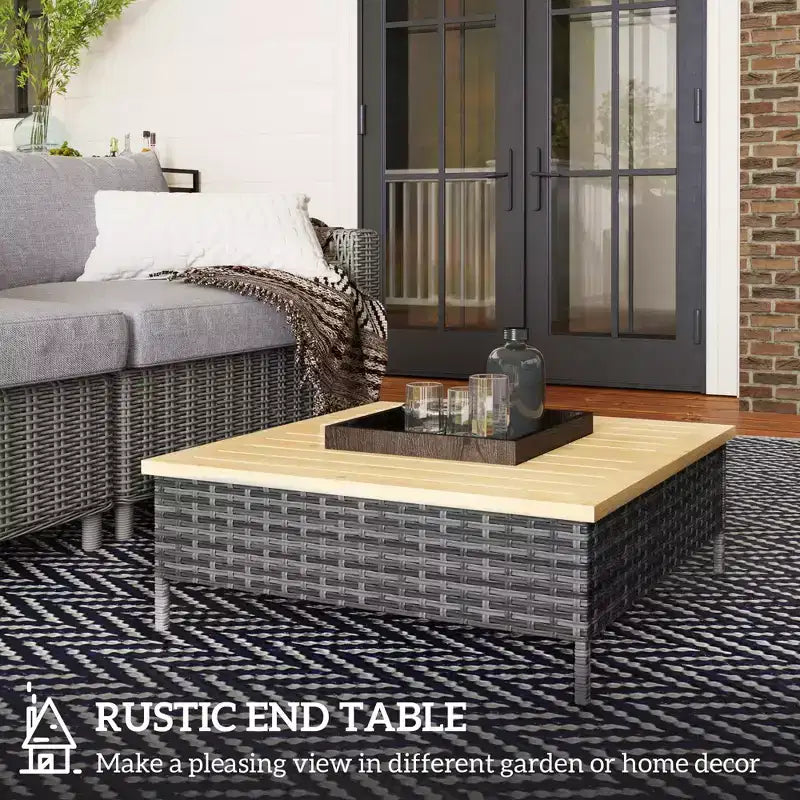 Table d'appoint d'extérieur en rotin PE – Gris / Bois naturel