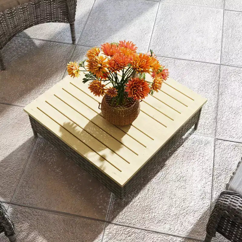 Table d'appoint d'extérieur en rotin PE – Gris / Bois naturel