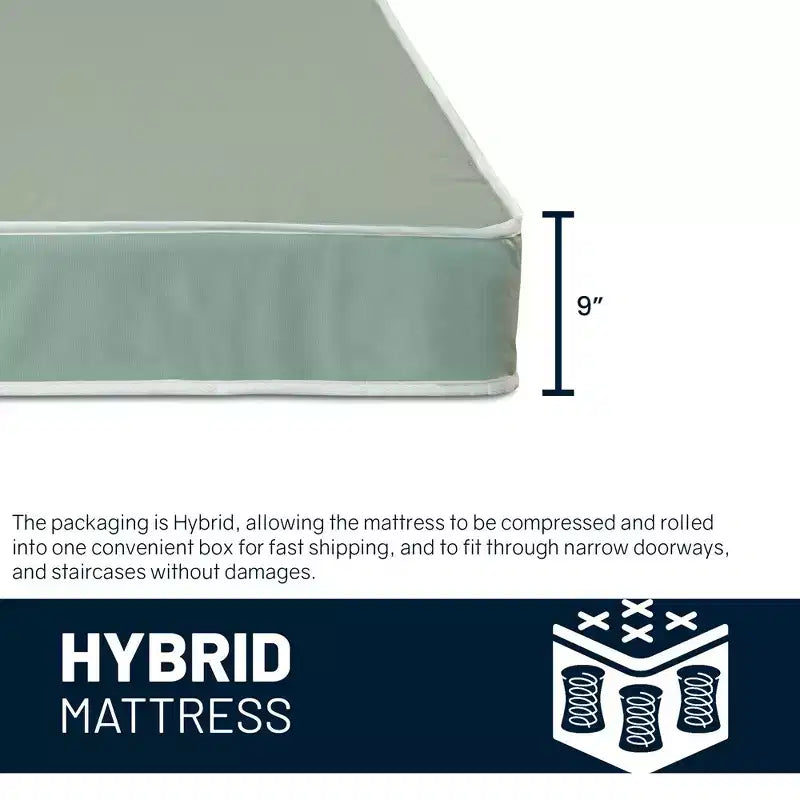 Matelas hybride à ressorts ensachés et plateau serré en vinyle blanc et vert, 1 personne